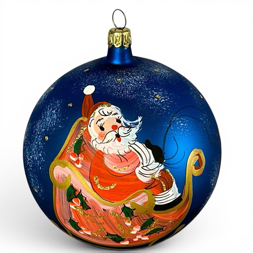 Vintage 1999 Signed Hand Painted Glass Christmas Ornament Santa Sleigh Reindeer